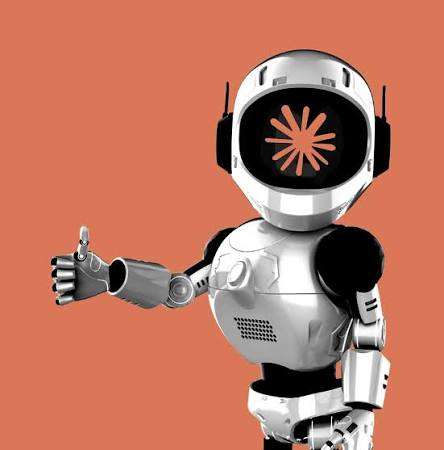 Friendly white robot giving a thumbs up on an orange background